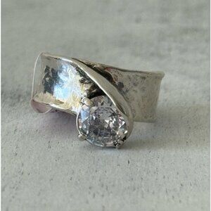 Noa Zuman Israel Hammered Sterling Silver Ring with Clear CZ  stone Sz.8